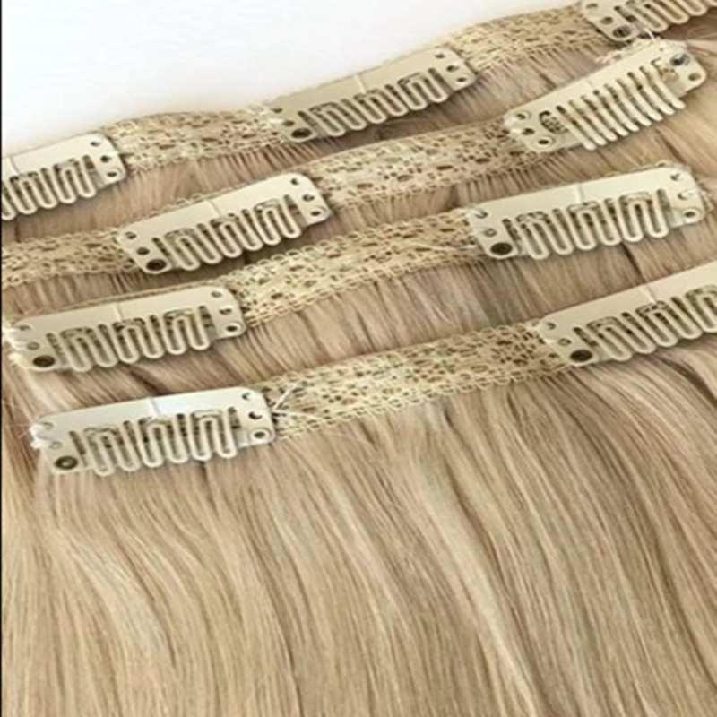 Premium raw european virgin human hair seamless Lace clip in hair extensions  HJ 022